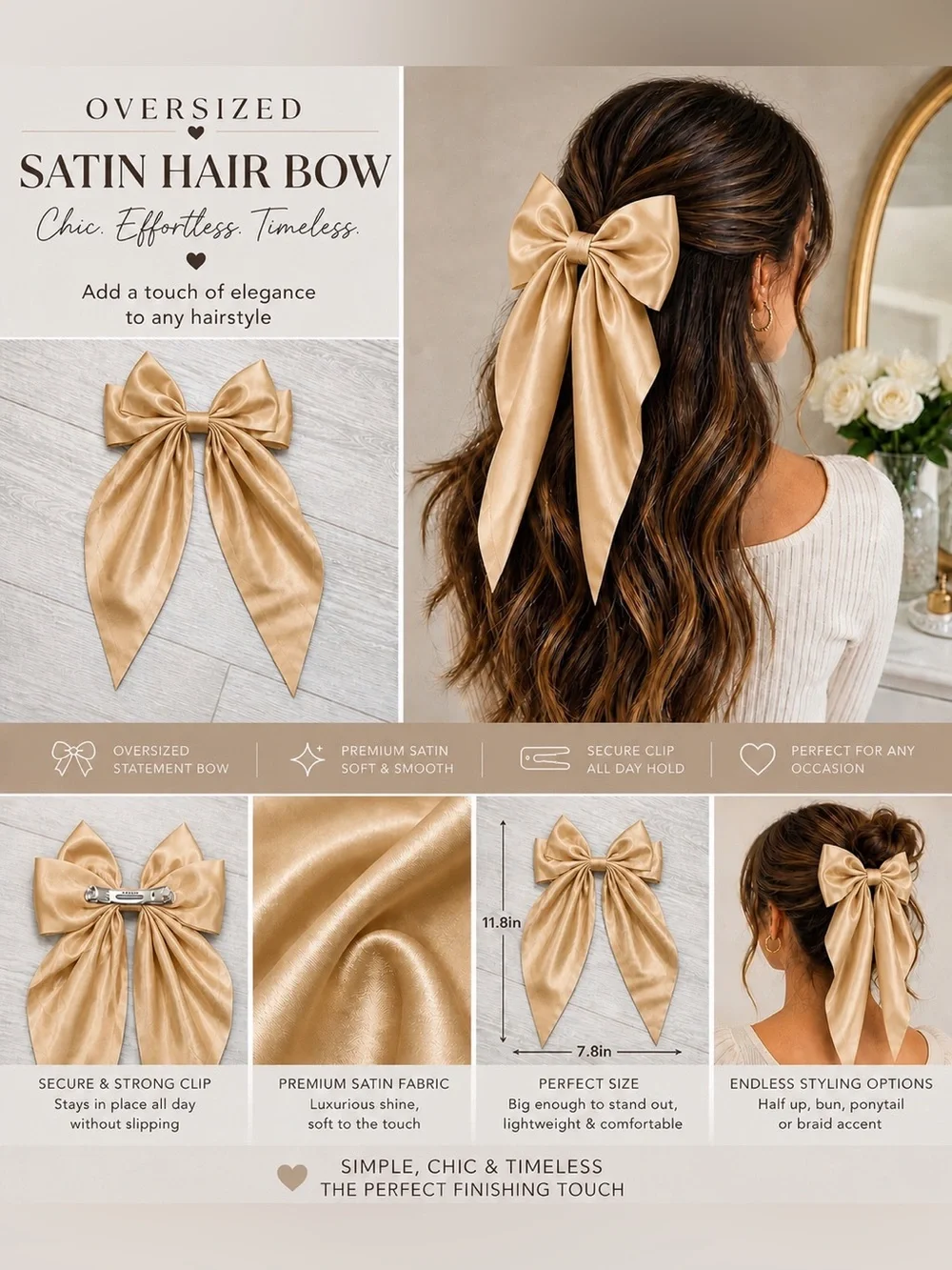 Gold Satin Oversized Hair Bow Clip - Elegant Women’s Hair Accessory